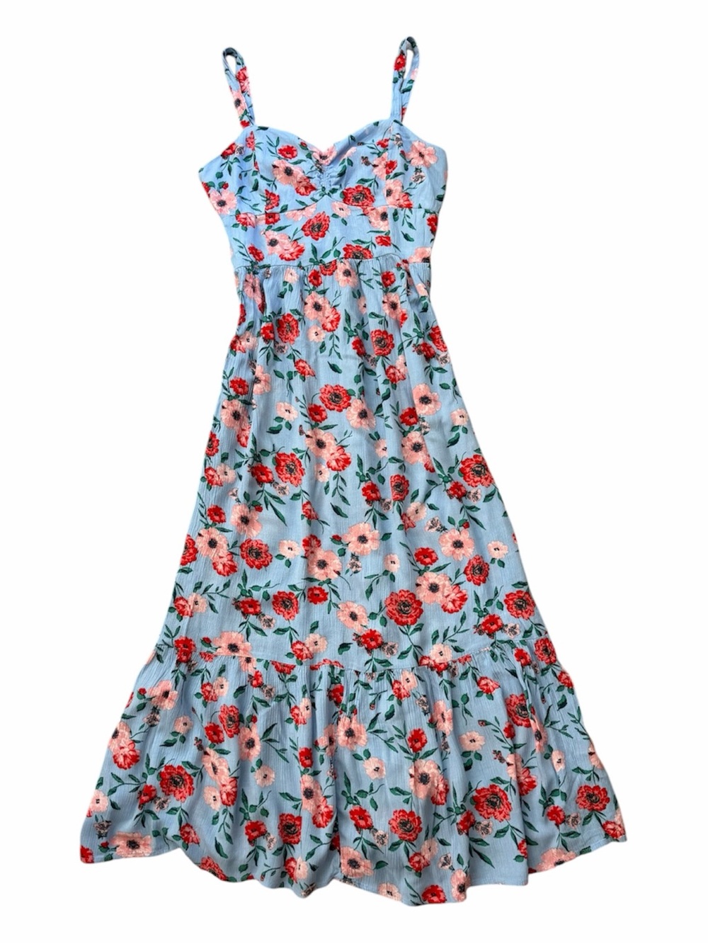Draper James Light Blue Red Floral Sweetheart Midi Dress - Size S